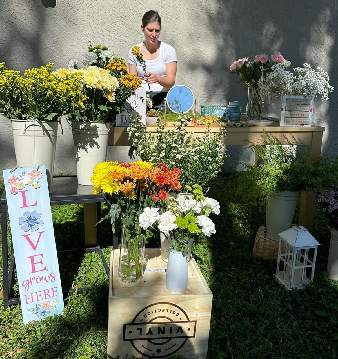 The Flower Station setup with fresh seasonal blooms